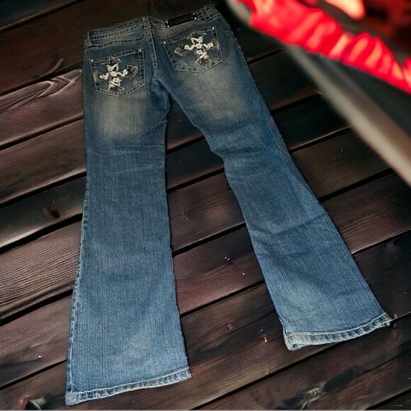 Rue21 Jeans Bootcut Premiere Embellished Cross 5 Pocket Distressed Denim 7/8 Y2K - Picture 13 of 16